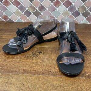 Kate Spade La Danse Black Leather‎ Tassel Ankle Strap Flat Sandals Size 7.5B